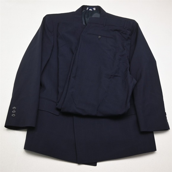 Vtg Mens Double Breasted 42S 36x32 Navy Blue Striped Mens Jacket Pants Suit
